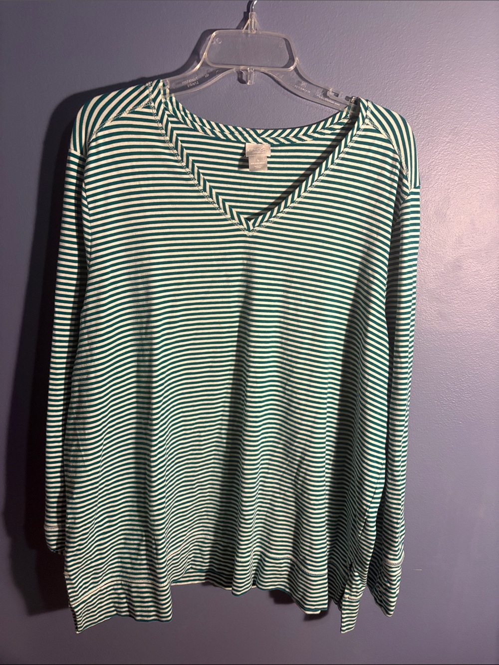 Chico's Green and White Striped V-Neck Long Sleeve Top